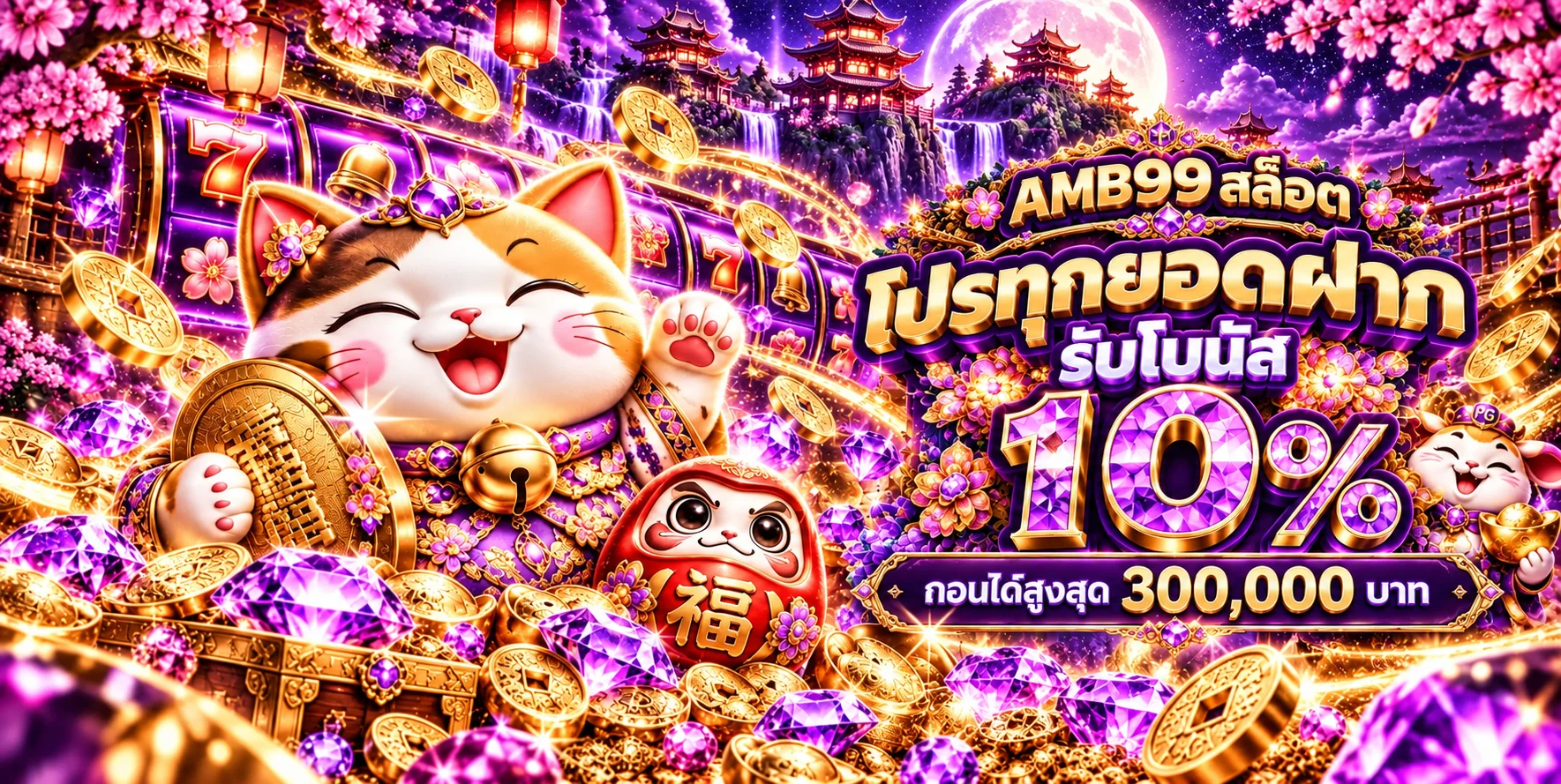 แบนเนอร์ AMB99 สล็อตธีมแมวกวักและวงล้อเกม